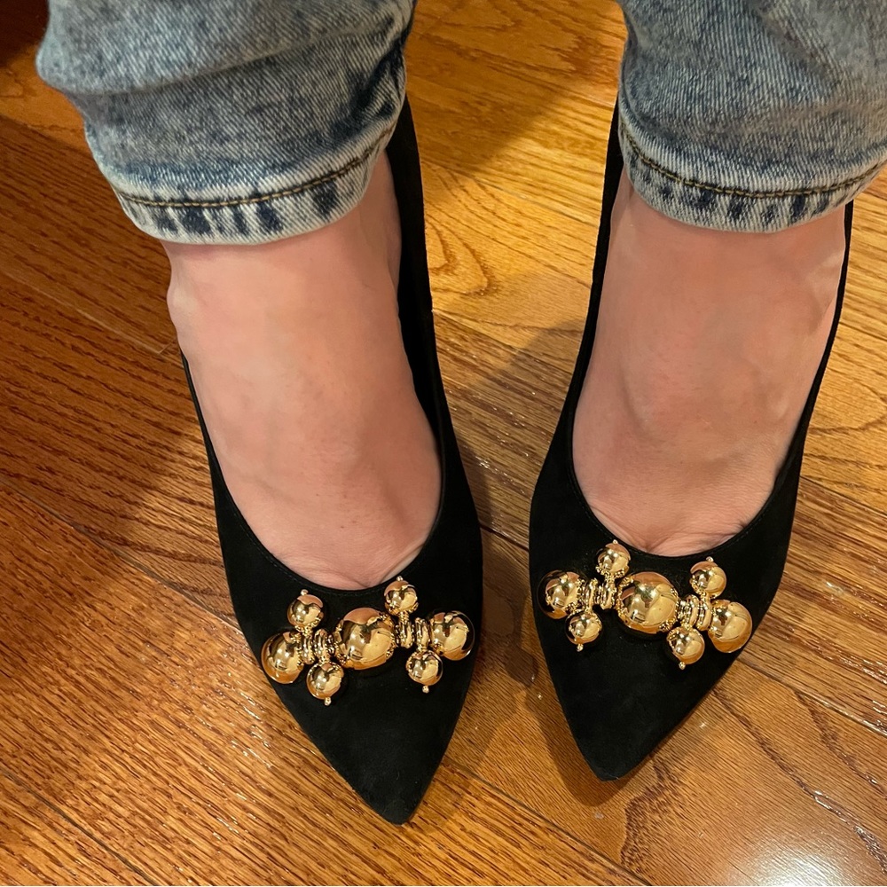 Prada Black suede 4” heel shoes with golden balls decor, size 38.5 - Picture 10 of 14